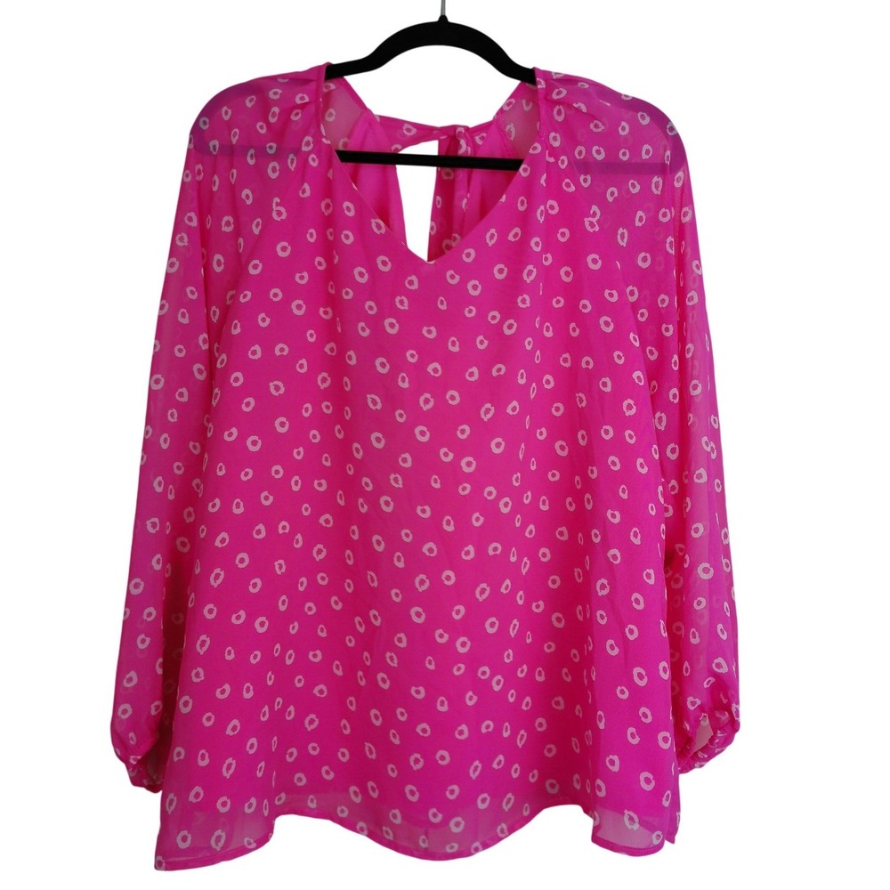 Nine West Pink White Circle Print Tie Neck Blouse Size Large Long Sleeve Top